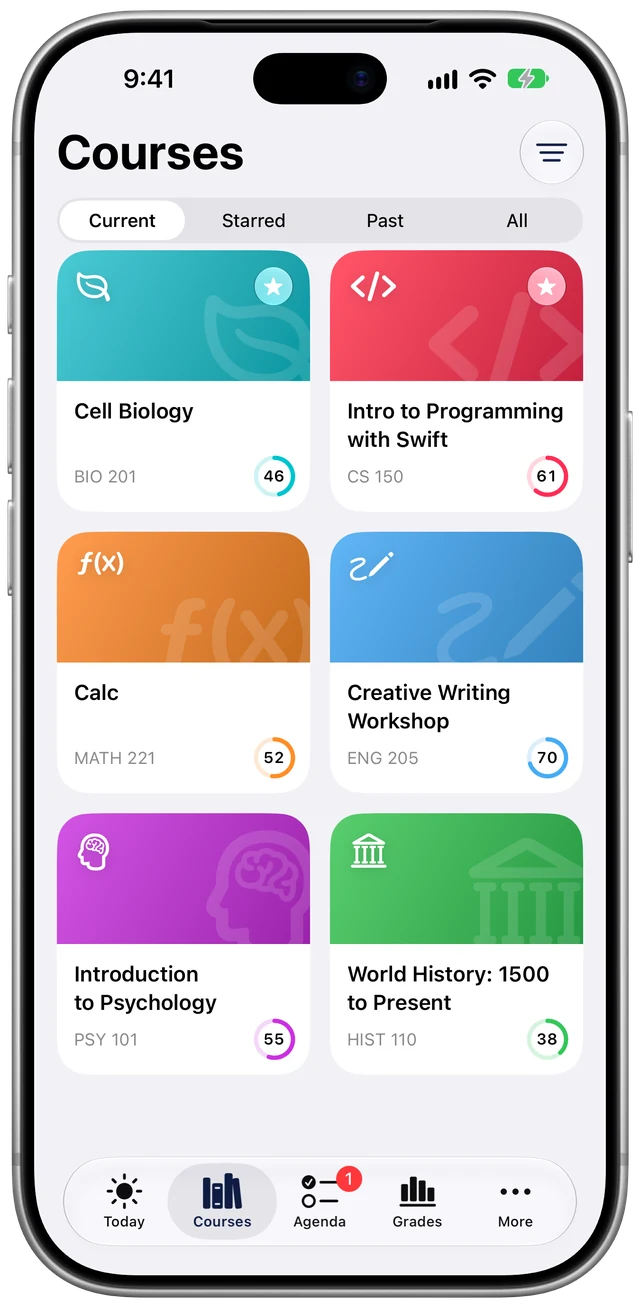Openfold Courses grid with a color and icon for each class
