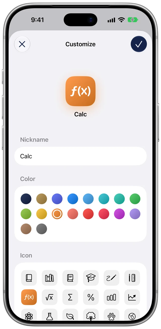 Customize sheet setting the nickname Calc with an orange color and f(x) icon